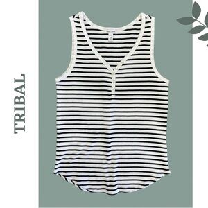 Tribal Striped Ribbed Tank Top Button Detail-Neck White Nautocal Blue Size
Small